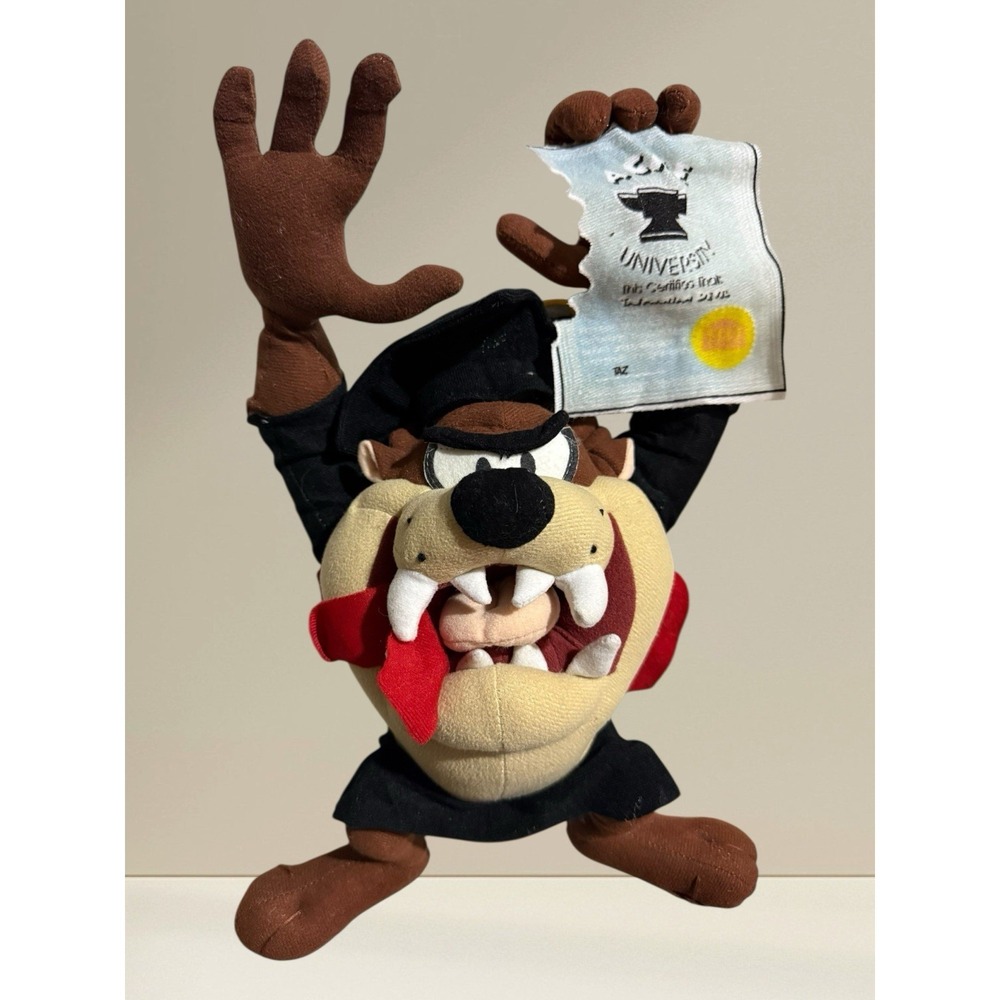 Vintage Nanco 2005 Looney Toons Tazmanian Devil Graduate Plush Diploma Black WB